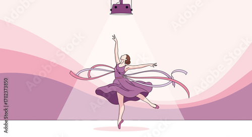 Elegant Ballerina Dancing Gracefully Under a Spotlight with Flowing Ribbons in a Stage