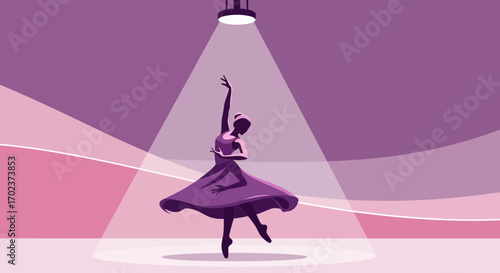 Elegant Ballerina Dancing Under Spotlight in Purple Tones Decorative Illustration Vector