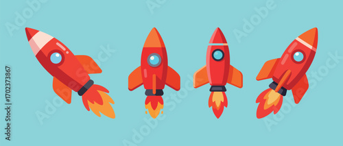 Four stylized red rockets blasting off with fiery exhaust, a concept of space exploration, startups, and achieving goals.