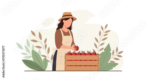 Fresh Harvest Illustration: Female Farmer With Apples in Wooden Crate, Organic Produce
