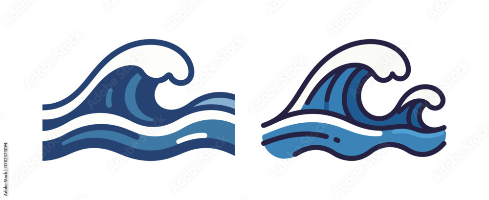 Obraz premium A set of two blue ocean waves with white crests, a concept of the sea, water, surf, beach, and marine environment.