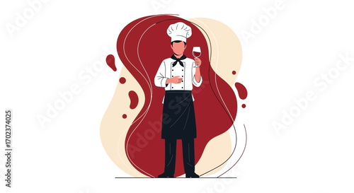 Elegant Chef Serving Wine, Illustrative Design with Creative Abstract Background Effects
