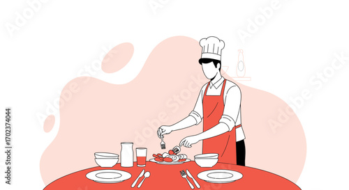 Elegant Chef Serving Dish At A Table With Place Settings In Artistic Illustration