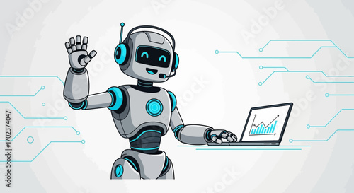 Friendly Robot Assistant Working With Data Analysis On Modern Digital Technology Concept