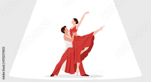 Elegant Couple Performs Graceful Ballet Amidst a Spotlight's Illumination in Vivid Red Attire