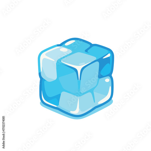 A stylized blue ice cube with a shiny surface, a symbol of coldness, refreshing drinks, summer, and chilling beverages.