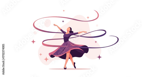 Elegant Dancer Moves Gracefully With Flowing Ribbons In This Artistic Illustration