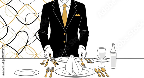 Elegant Illustration Of A Waiter Setting A Fine Dining Table Perfectly