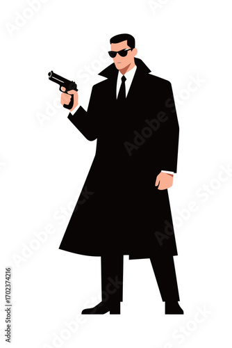 A secret agent or spy in a black trench coat and sunglasses holding a gun, representing mystery, suspense, detective stories, and espionage.
