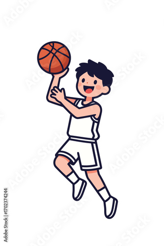A happy boy playing basketball, dribbling the ball, representing youth, sport, physical activity, and a healthy lifestyle.
