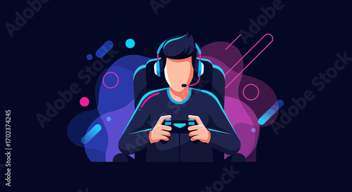Gamer Concentrating, Playing With Controller, Headset, Modern Colorful Design Illustration