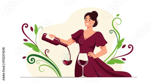 Elegant Lady Pouring Wine Into A Glass Surrounded By Decorative Plant Motifs