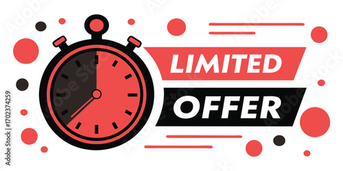 Red and black stopwatch graphic with limited offer text and scattered circles time sale