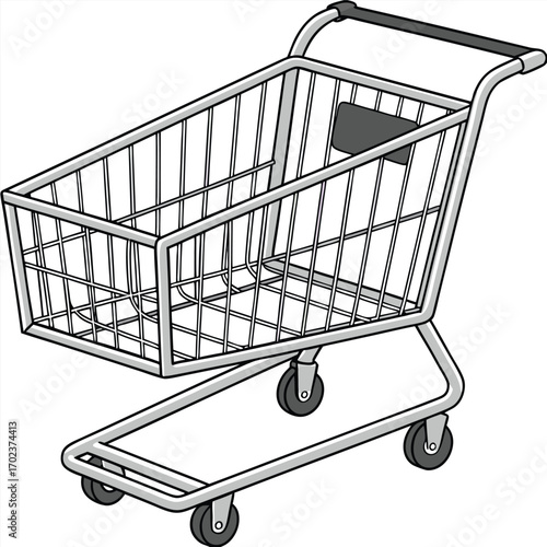 Silver metal shopping cart with wire basket and gray wheels on white background trolley supermarket