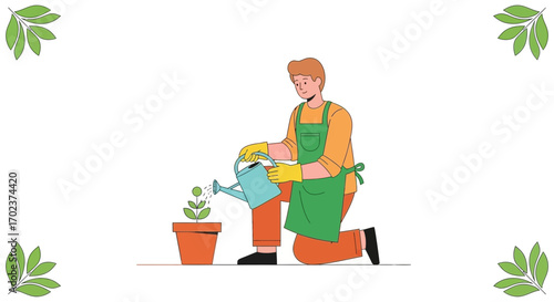 Gardener Nurturing Young Growth, Cultivating Plant with Watering Can and Joy