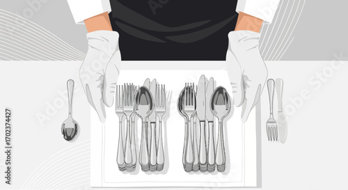 Elegant Silverware Displayed Professionally by A Person Wearing White Gloves Carefully Handling