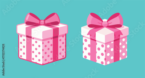 Two elegant pink gift boxes with polka dots and ribbon bows, symbolizing presents, special occasions, love, and thoughtful giving.