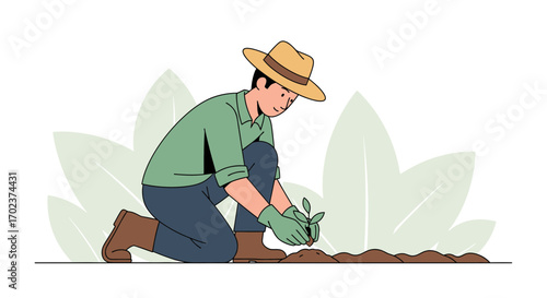 Gardener Planting Seedling, Working In Garden, Growing Vegetables, Organic Farming Illustrated