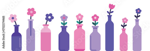 A series of different colored vases with flowers, symbolizing home decoration, plants, floral arrangements, and aesthetics.