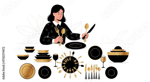 Elegant Table Setting Illustration Featuring a Woman with Silverware and Dinnerware Decorations