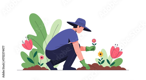 Gardener Tending Colorful Blossoms in a Vibrant Floral Garden Illustration Design Concept