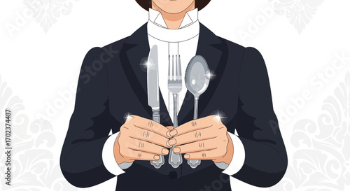 Elegant Waiter Displaying Cutlery, Ready to Serve Diners in a Refined Dining Setting
