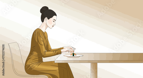 Elegant Woman Dining Alone, Featuring Sushi At Wooden Table In Calm, Light Ambient
