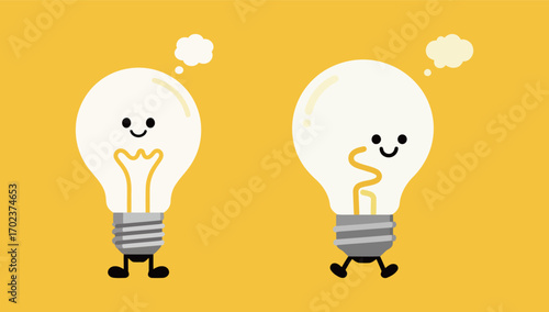 Two cute light bulb characters with thought bubbles, symbolizing creativity, new ideas, and inspiration on a vibrant yellow background.