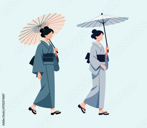 Two Japanese women in traditional kimonos holding paper umbrellas, walking elegantly on a light blue background, representing Japanese culture and tradition.