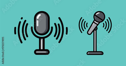 Two microphones with sound waves, representing public speaking, communication, podcasting, and performance on a vibrant blue-green background.