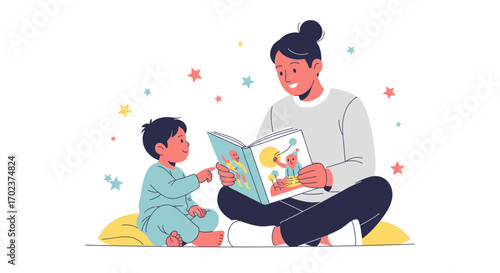 Gentle Storytime Illustration Depicting Parent-Child Interaction with Book and Imagination