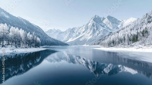Wallpaper Mural A crystal-clear mountain lake reflecting the ridges above, serene alpine scene, soft wind ripples, perfect symmetry  Torontodigital.ca