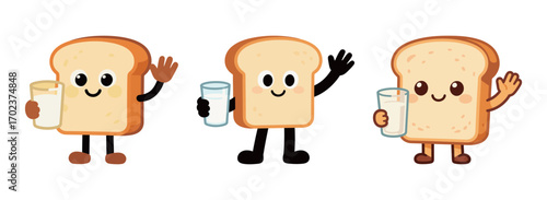 Three slices of bread as cute cartoon characters holding glasses of milk, representing a healthy and classic breakfast or snack combination.