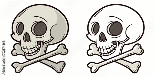 Two cartoon skulls with crossed bones one colored one outline illustration vector