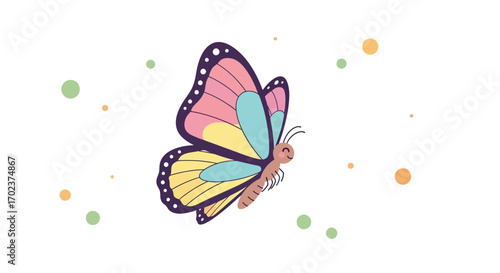 Enchanting Butterfly with Colorful Wings and Whimsical Dots on a White Background