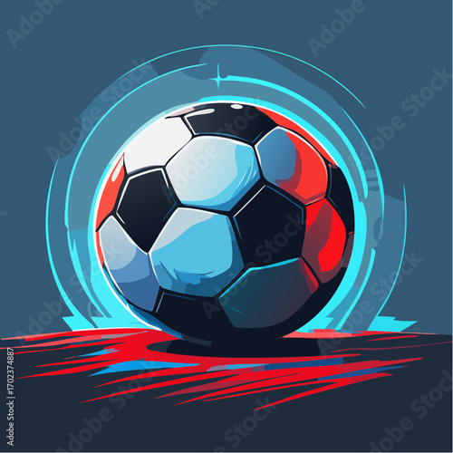 A dynamic illustration of a soccer ball with glowing blue and red highlights on a dark background.