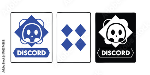 Three variations of the Discord logo in blue white and black logo variations blue logo