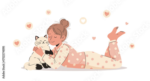 Girl Cuddles Her Pet Cat, Lying Down In Pink Pajamas, Expressing The Love, Joy