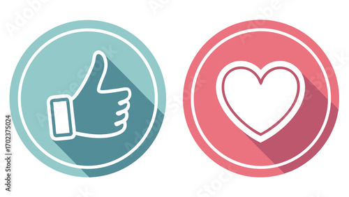 Two circular icons one with a thumbs up and one with a heart like love thumbs up icon heart icon