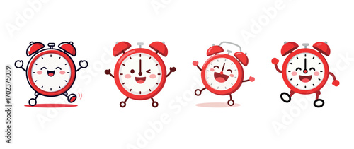 Four cute and happy cartoon red alarm clocks with expressive faces and bodies, representing time, punctuality, and a cheerful morning routine.