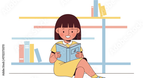 Girl Reading Book In A Library Interior, Bookshelf, And Vector Illustration