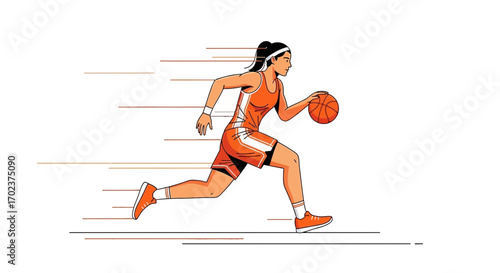 Energetic Basketball Player Dribbling And Running Fast Towards The Goal For A Slam Dunk