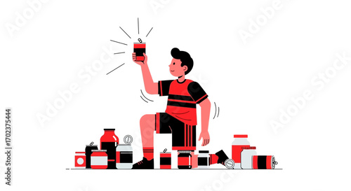Energetic Individual Celebrating Beverage Choice Amidst Assortment of Drinks