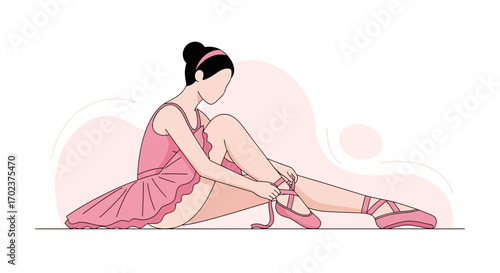 Graceful Ballerina Adjusting Ballet Slipper Before Performance In Pastel Color