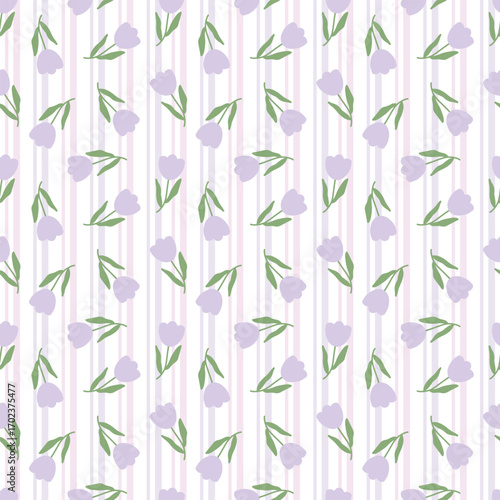 A seamless pattern of beautiful purple tulips with green leaves and stems. A white background decorated with purple and light pink stripes for curtains,wallpaper,textiles, wrapping paper,handkerchiefs