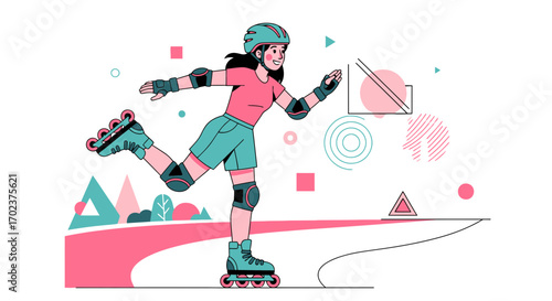 Energetic Roller Skater Enjoying The Ride On A Modern Road With Geometric Shapes