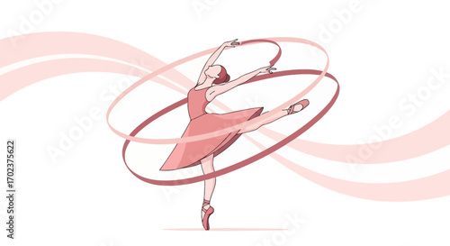 Graceful Dancer Performing Ballet with Ribbon Swirls Against the Pristine White Background