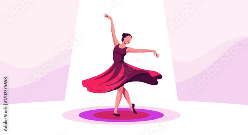 Graceful Dancer Performs On Lit Stage Under Spotlight In Elegant Dress Pose