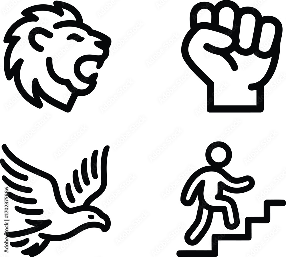 Fototapeta premium Empowerment and Aspirations Metaphor Bold Icons Representing Strength, Freedom, Ambition, and Progress Leading to Success and Personal Growth