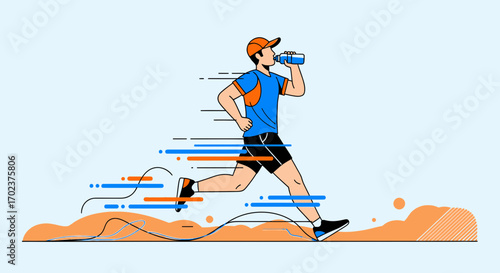 Energetic Runner Hydrating While Moving On a Clear, Sunny Day for Health and Stamina